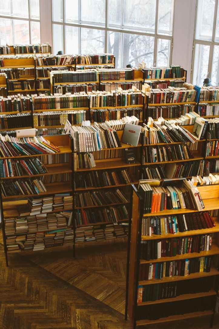 books on brown wooden shelves
